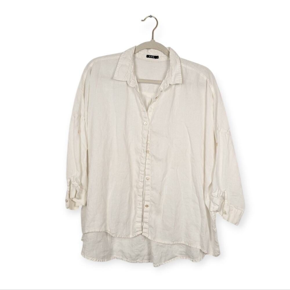 Vivid Linen Button Up Shirt L White Relaxed Lightweight Breathable Casual